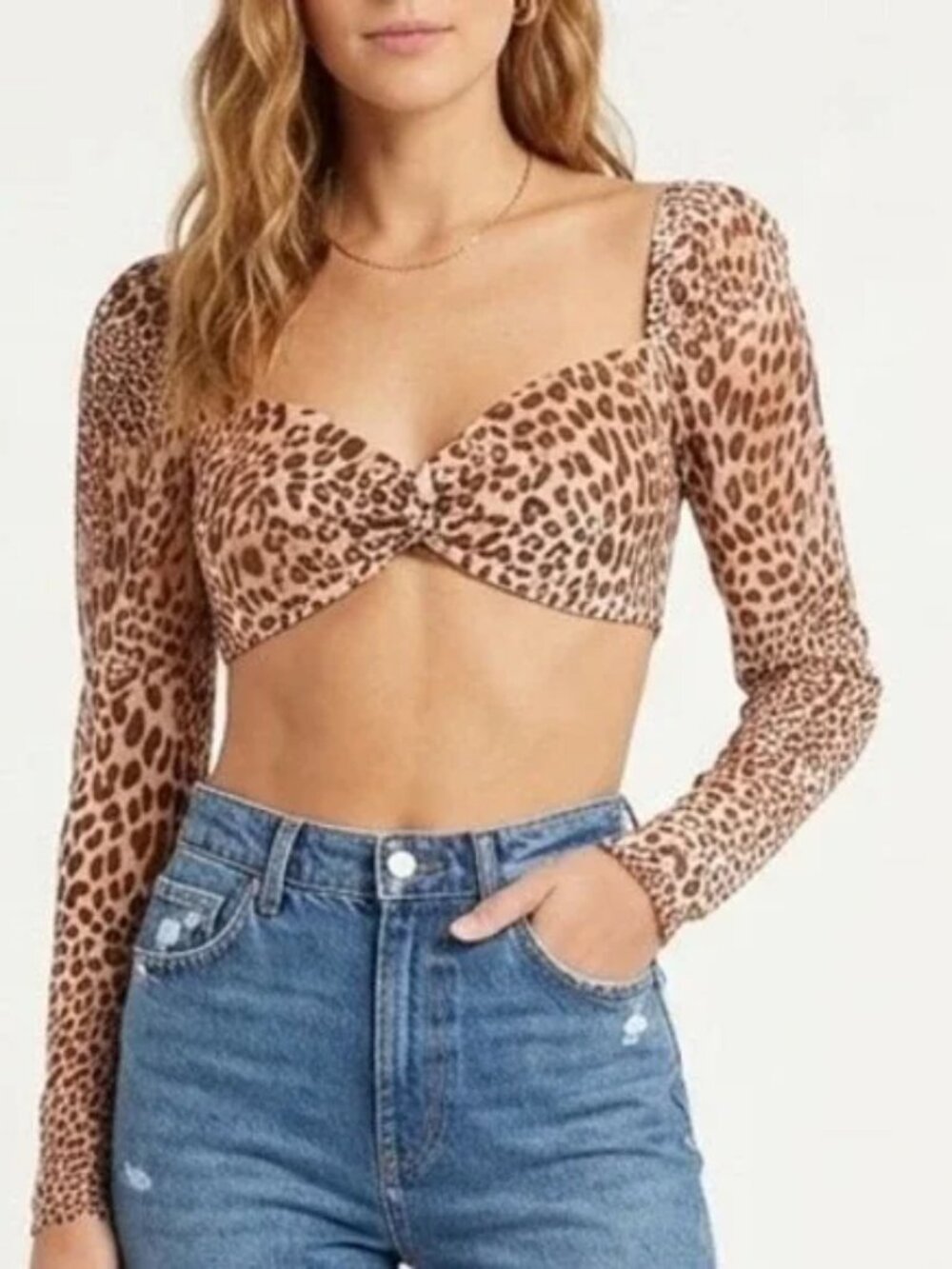 naked wardrobe Leopard Print Long Sleeve Crop Top - Tan & Brown
